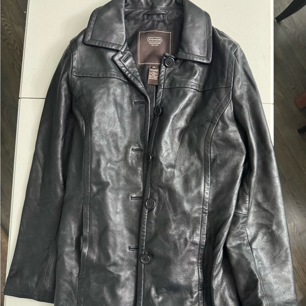 Coach Black Leather Button-Front Coat